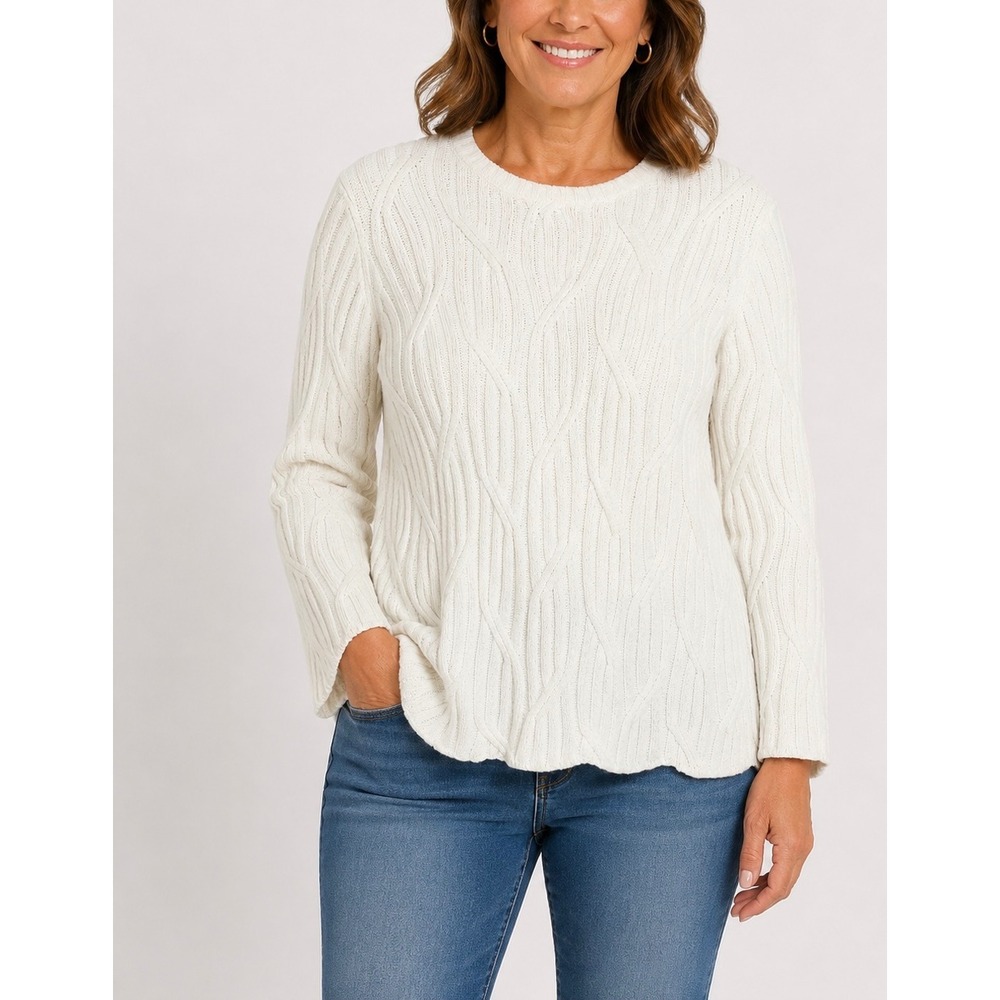 J. Jill Chenille Sweater Women L Petite Cream Ivory Cable Knit Cozy Pullover